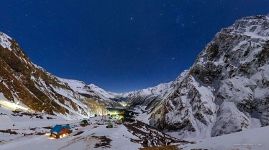 Starry sky over mount Elbrus. Mountain hotel "At a Stream"